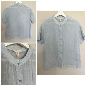 Eileen Fisher Blue 100% Organic linen gauze Button  Shirt with Mandarin Collar